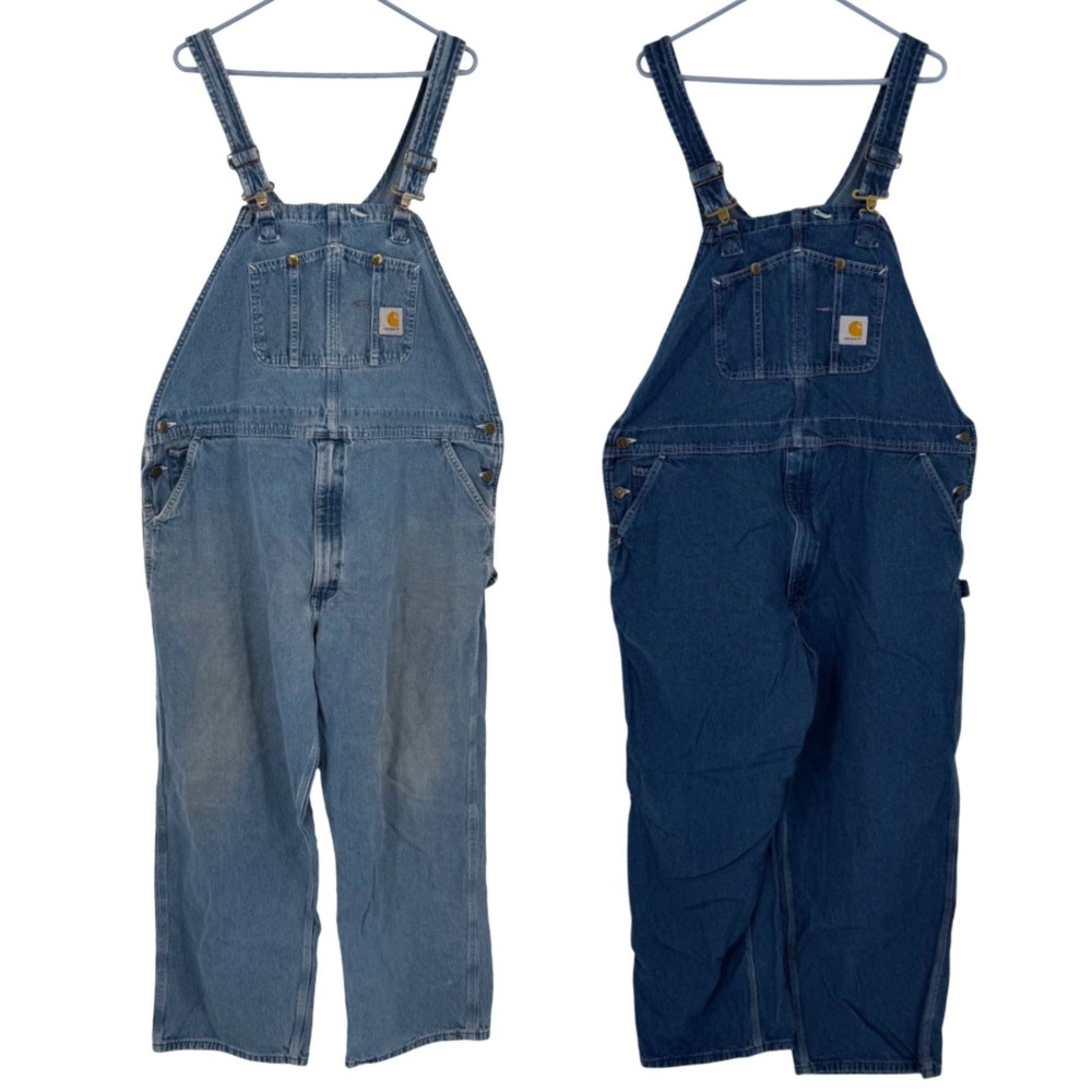 Carhartt SET OF 2 Men Dark & Light Blue Denim Bib Overalls 46x30 Indigo Workwear